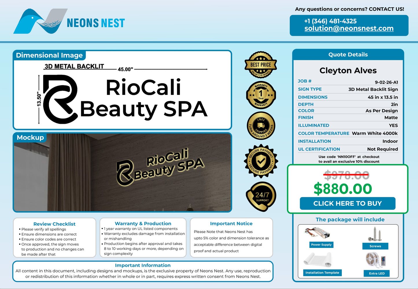 RioCali Beauty SPA 3D Metal Back-Lit