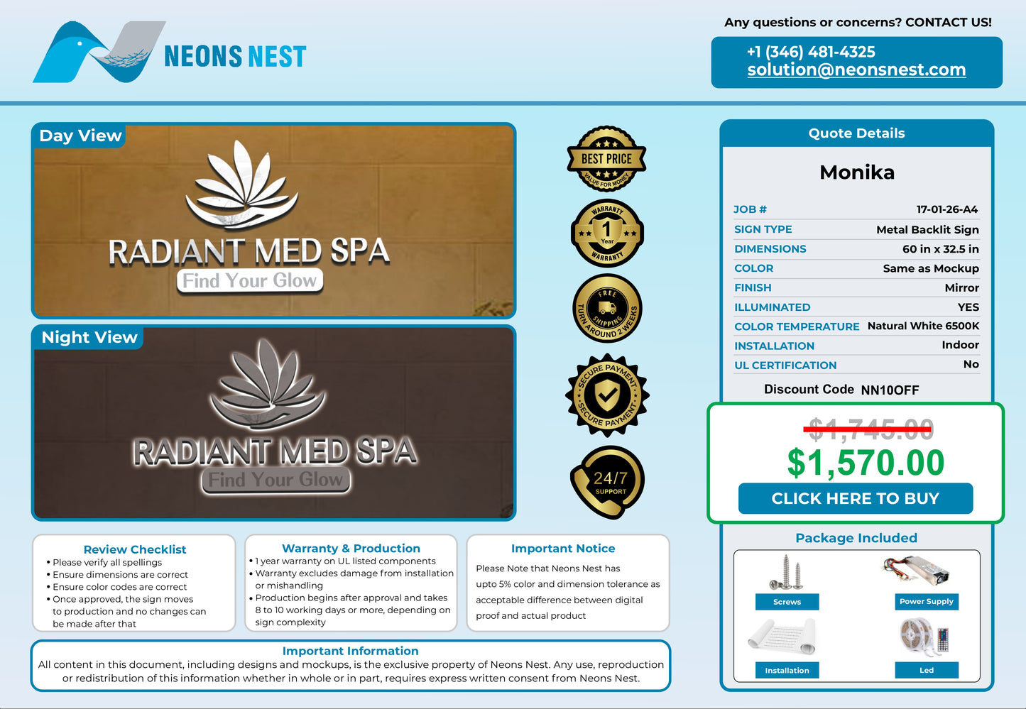 Radiant med spa 3D Metal Backlit
