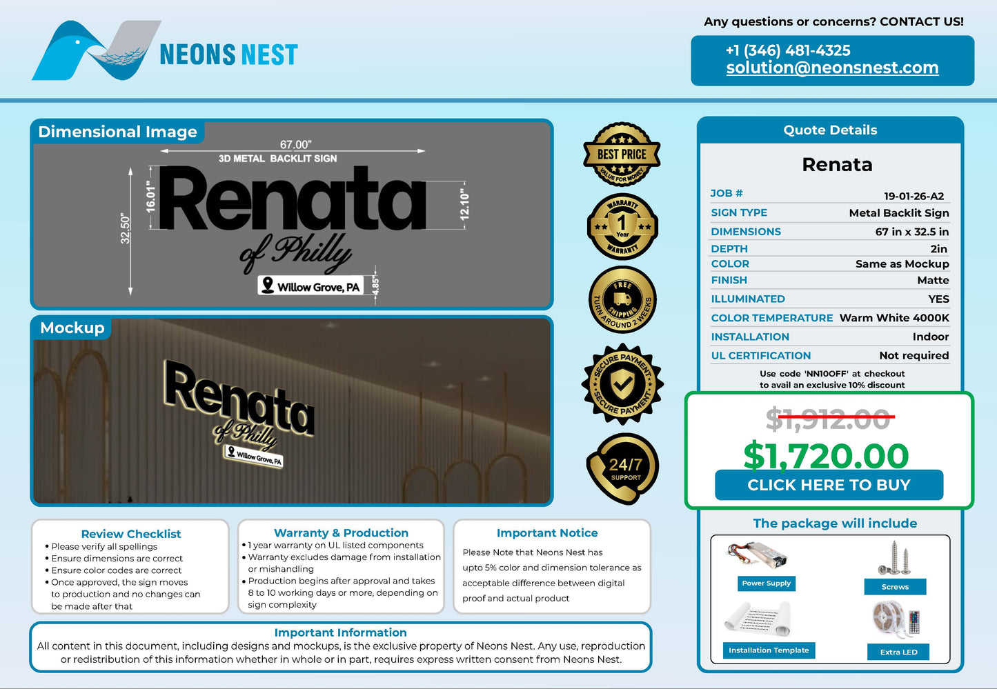 Renata 3D Metal Backlit Sign