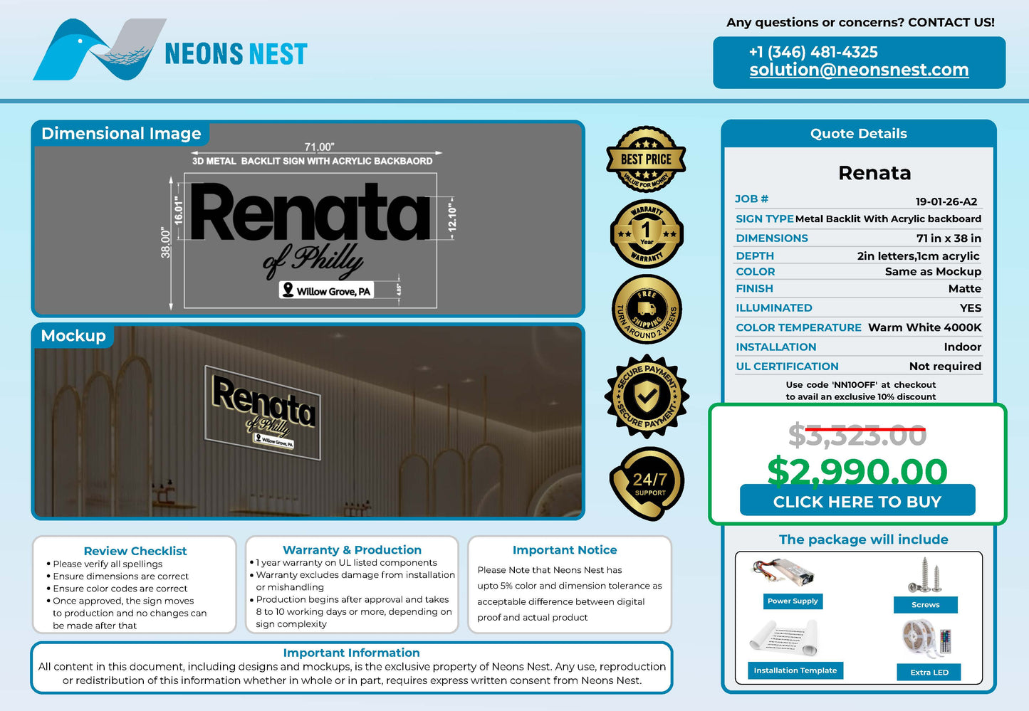 Renata 3D Metal Backlit Sign