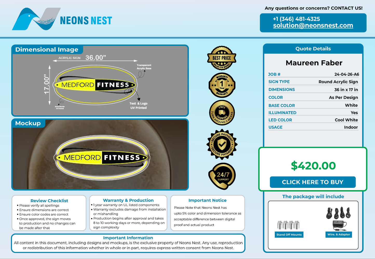 Medford Fitness Oval Acrylic Sign - Neonsnest.com