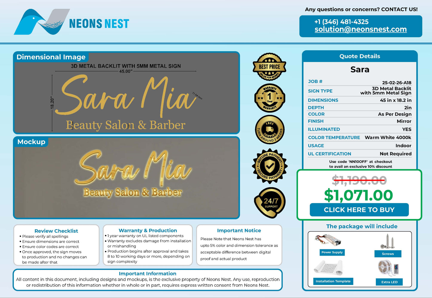 Sara Mia 3D Metal Backlit Sign - Neonsnest.com