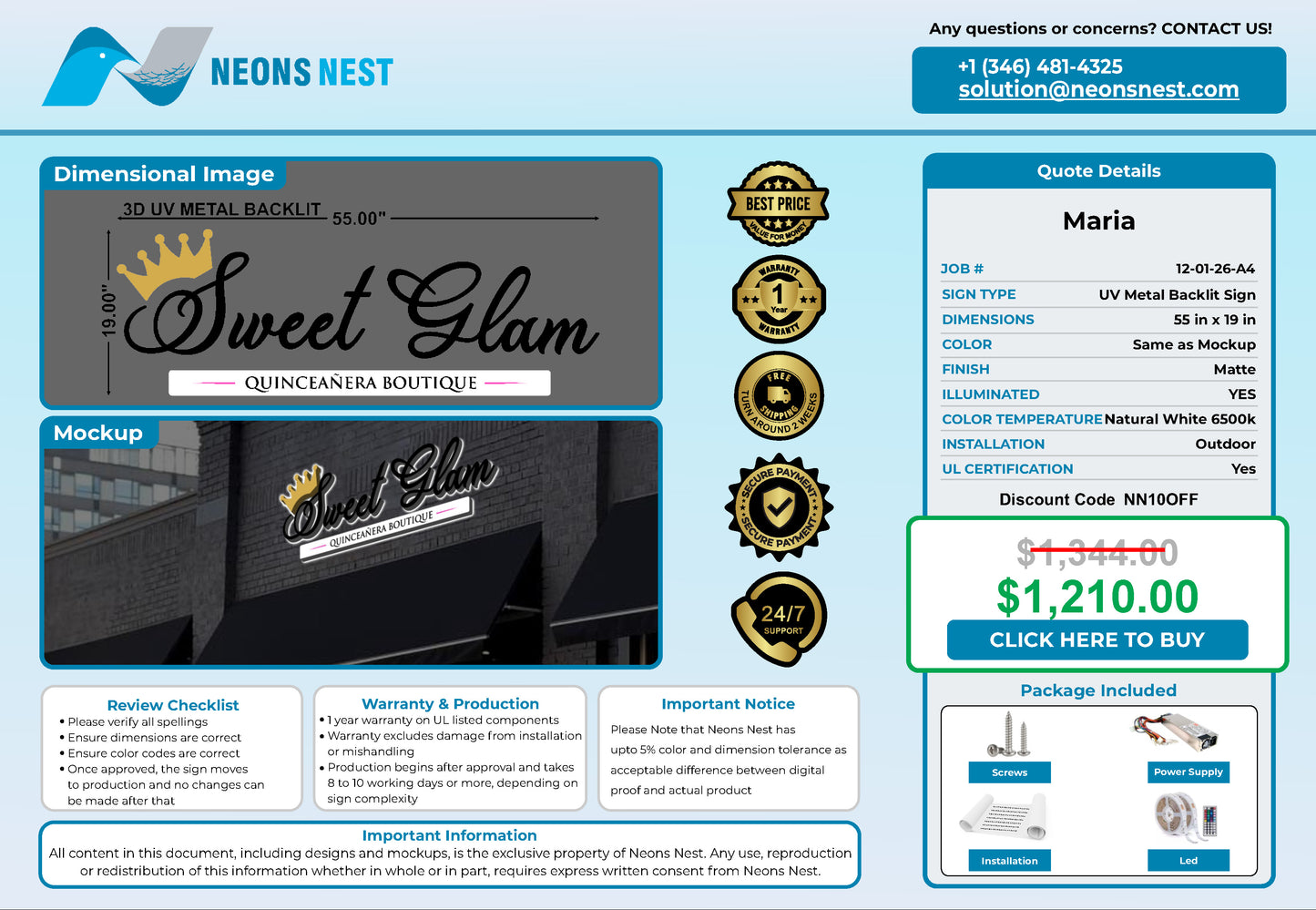 Sweet Glam Quinceañera Boutique 3D Metal Backlit Sign