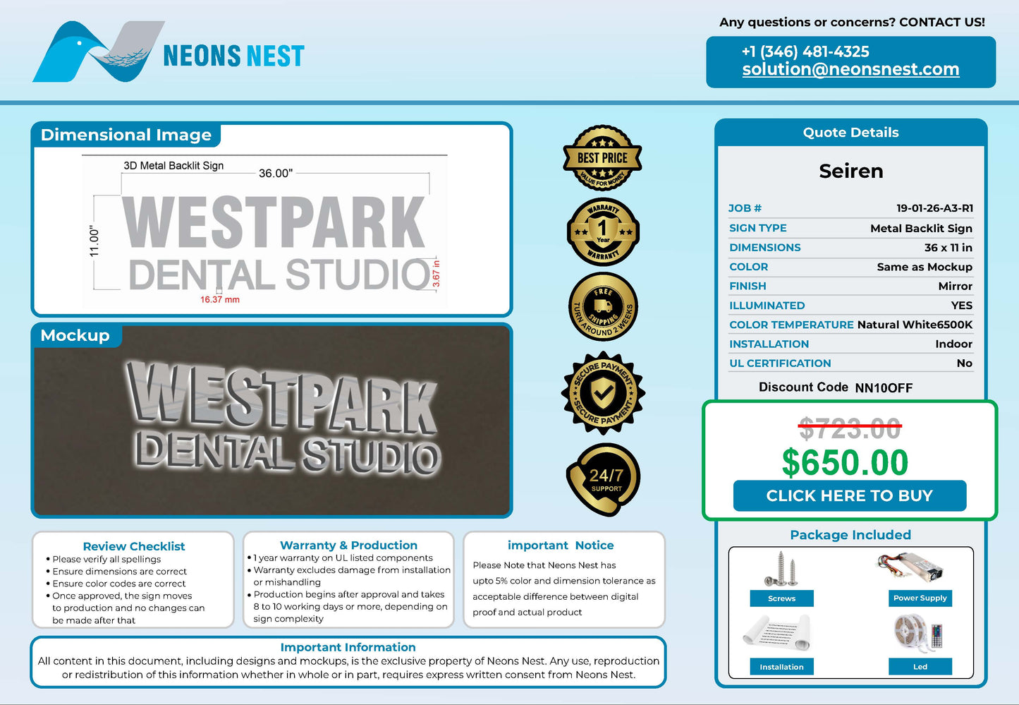 Westpark Dental Studio 3D Metal Backlit Sign