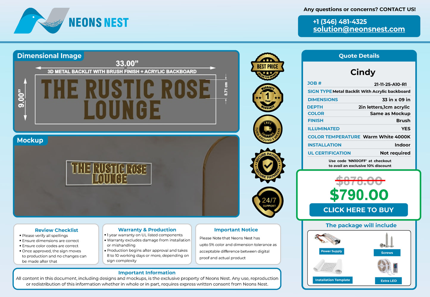 The Rustic Rose Lounge 3D Metal Back-Lit with Acrylic Backboard