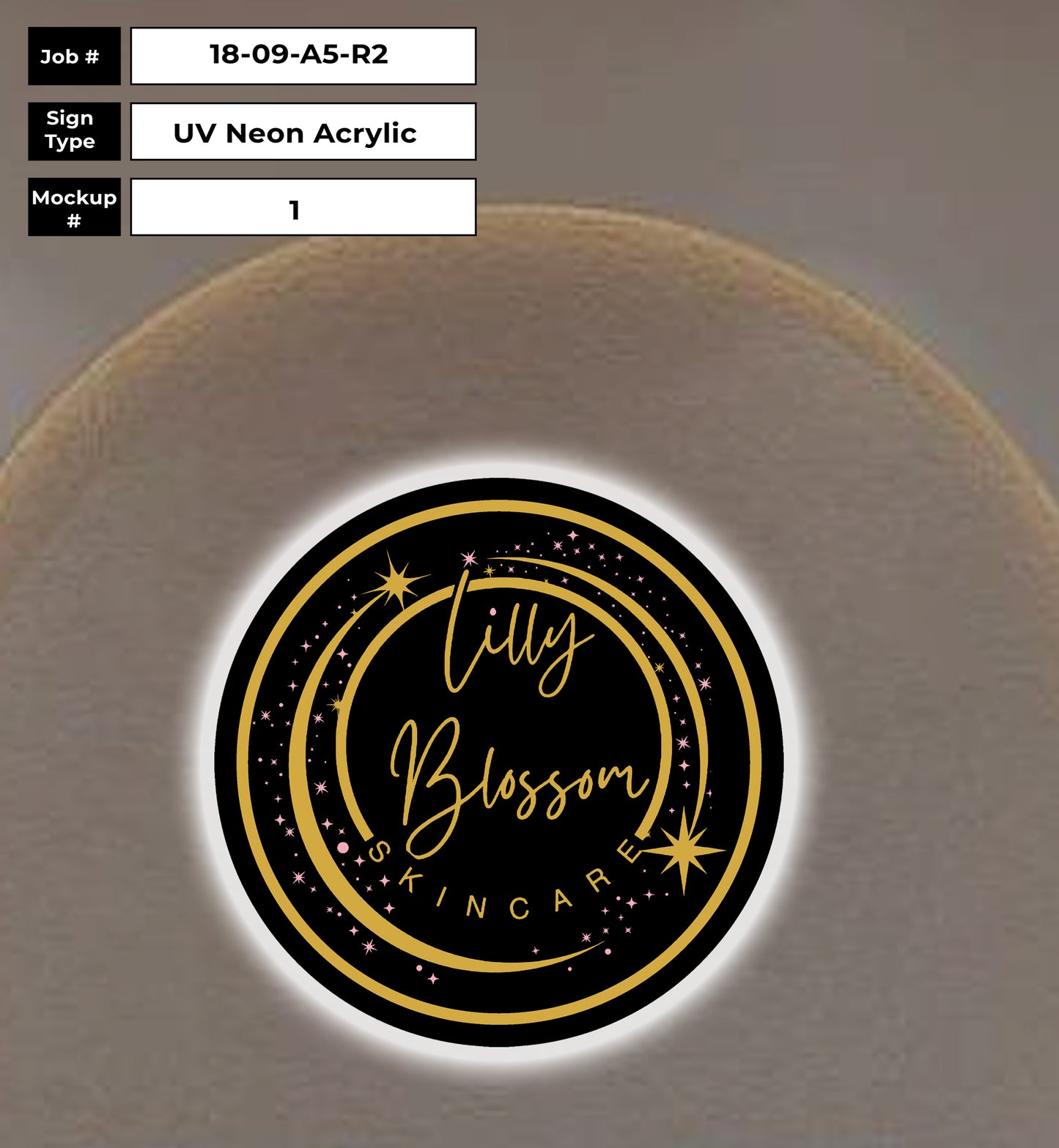 Black Round Acrylic Sign for Lilly Blossom Skincare