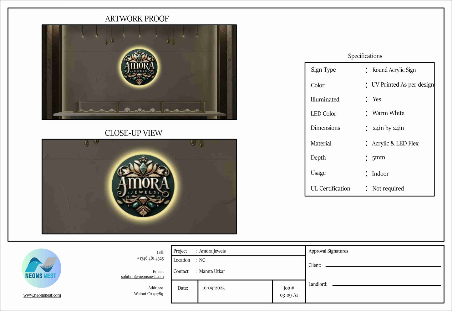 Amora Jewels Round Acrylic Sign