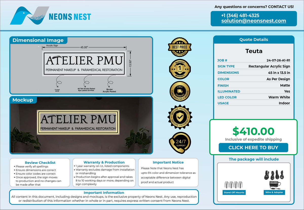ATELIER PMU Acrylic LED Sign (Express Shipping) - Neonsnest.com