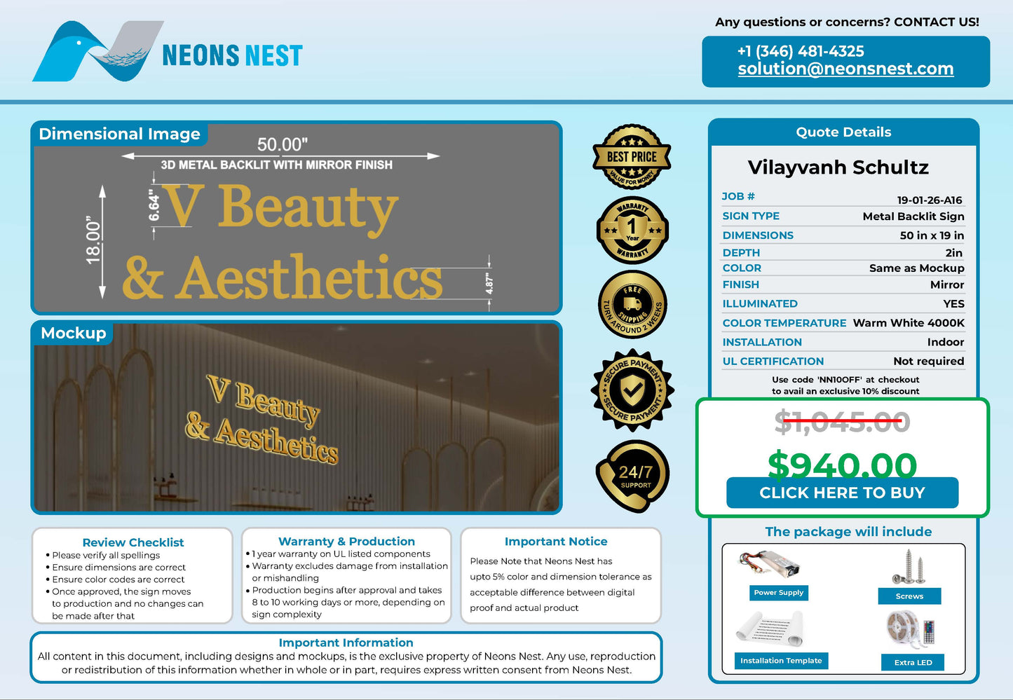 V Beauty & AESTHETICS 3D Metal Backlit Sign