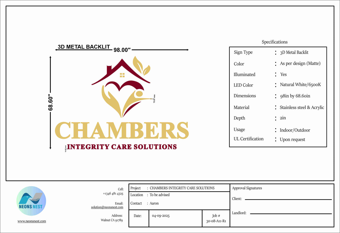 3D Metal Backlit Sign for CHAMBERS INTEGRITY CARE SOLUTIONS
