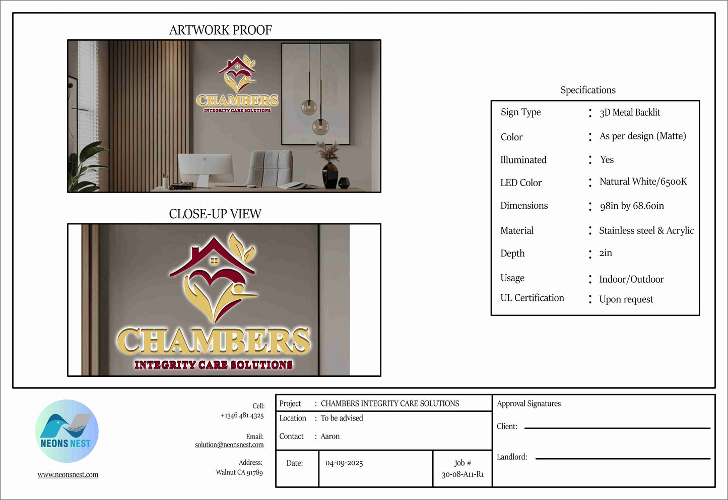 3D Metal Backlit Sign for CHAMBERS INTEGRITY CARE SOLUTIONS