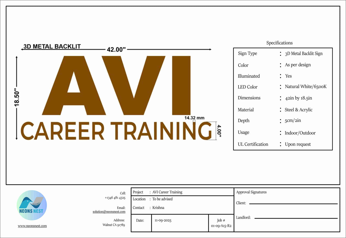 3D Metal Backlit Sign for AVI Career Training
