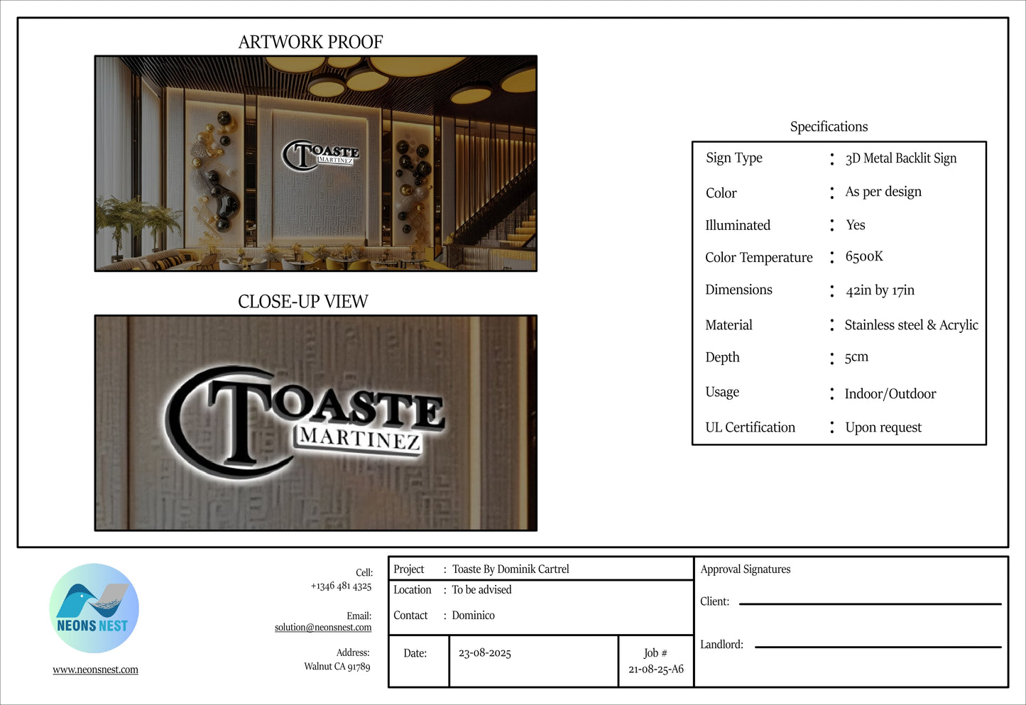 Custom Metal Backlit Sign for Dominico