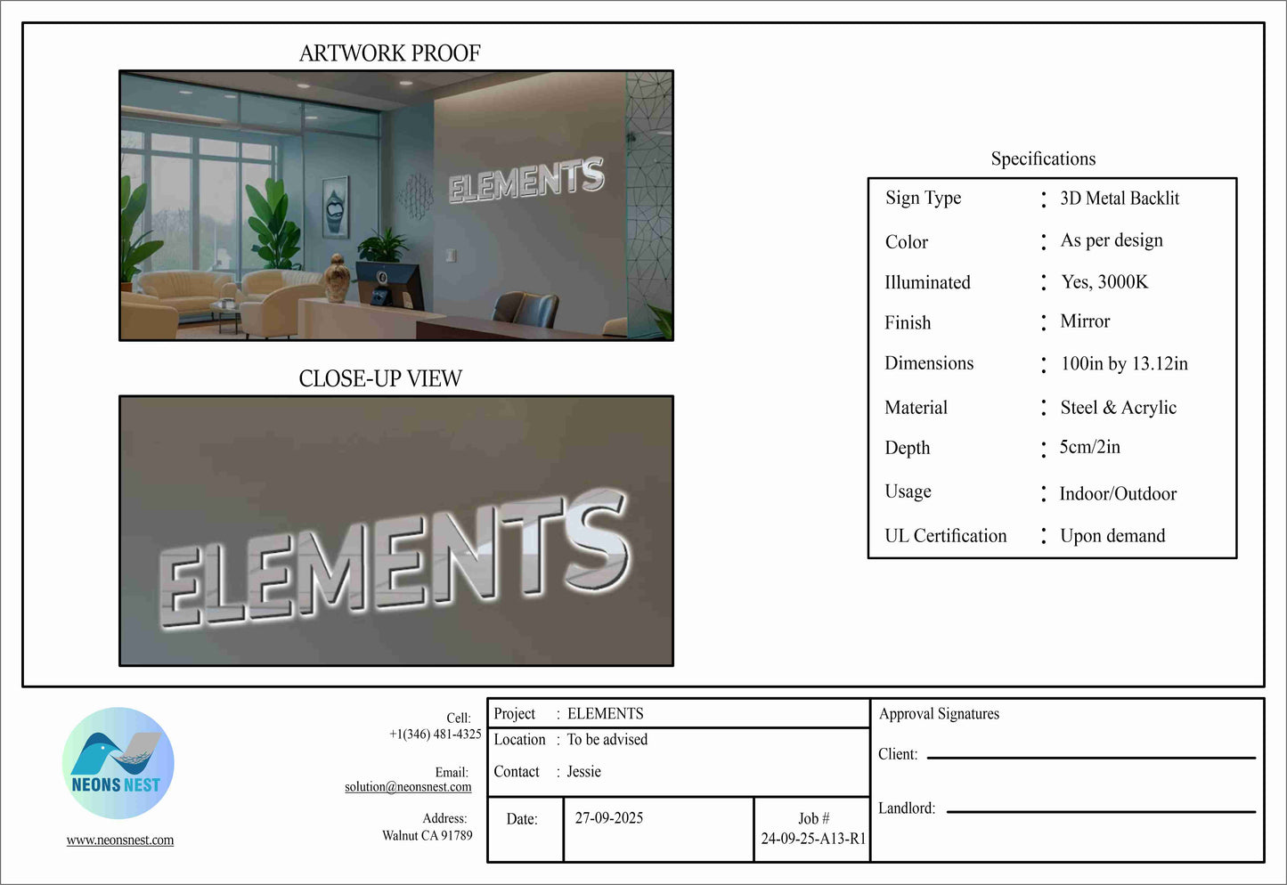 ELEMENTS 3d Metal Backlit Sign