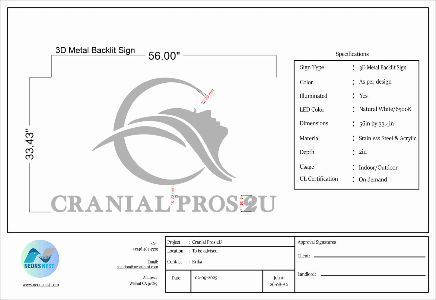 3D Metal Backlit Sign for Cranial Pros 2U