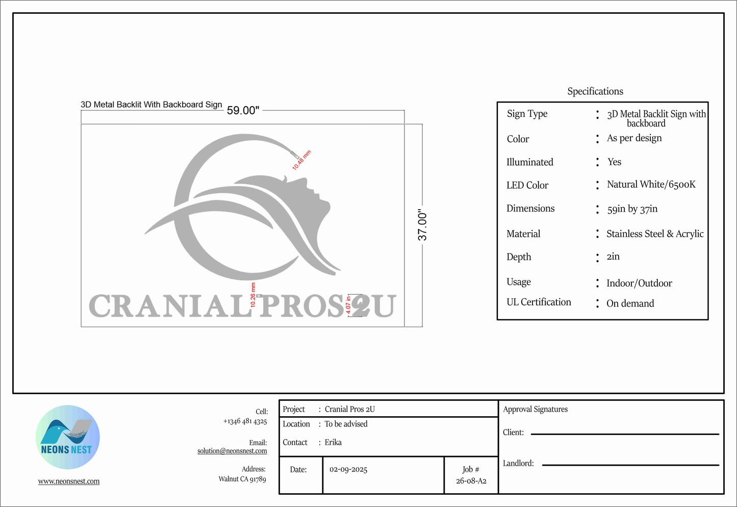 3D Metal Backlit Sign for Cranial Pros 2U