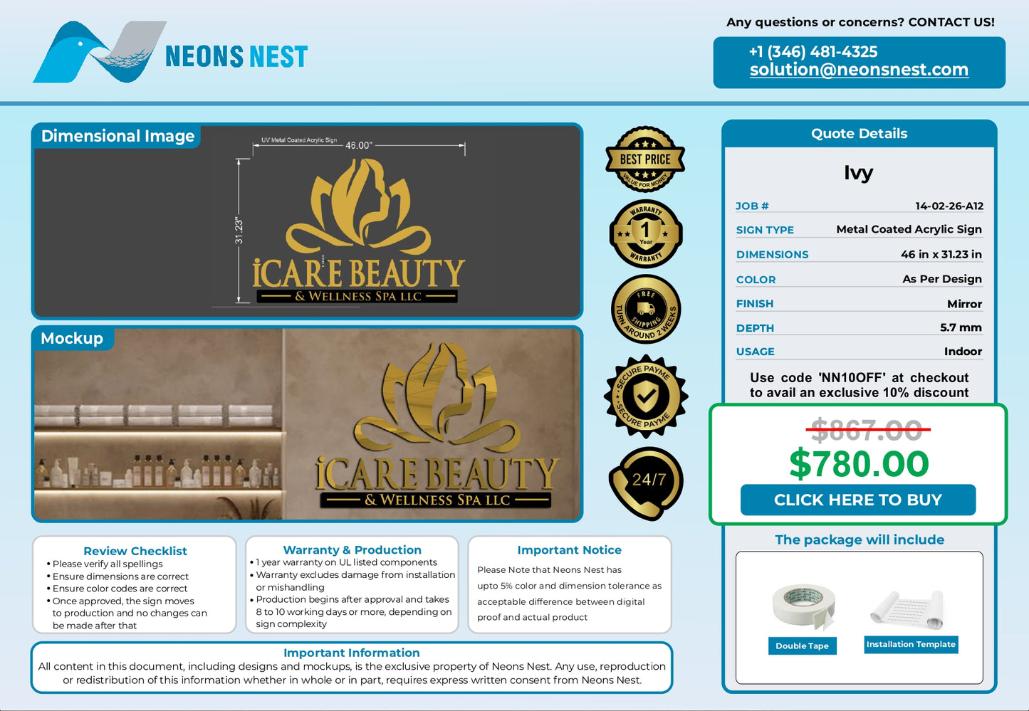 Metal Coated Acrylic Sign-I Care Beauty & Wellness Spa LLC - Neonsnest.com