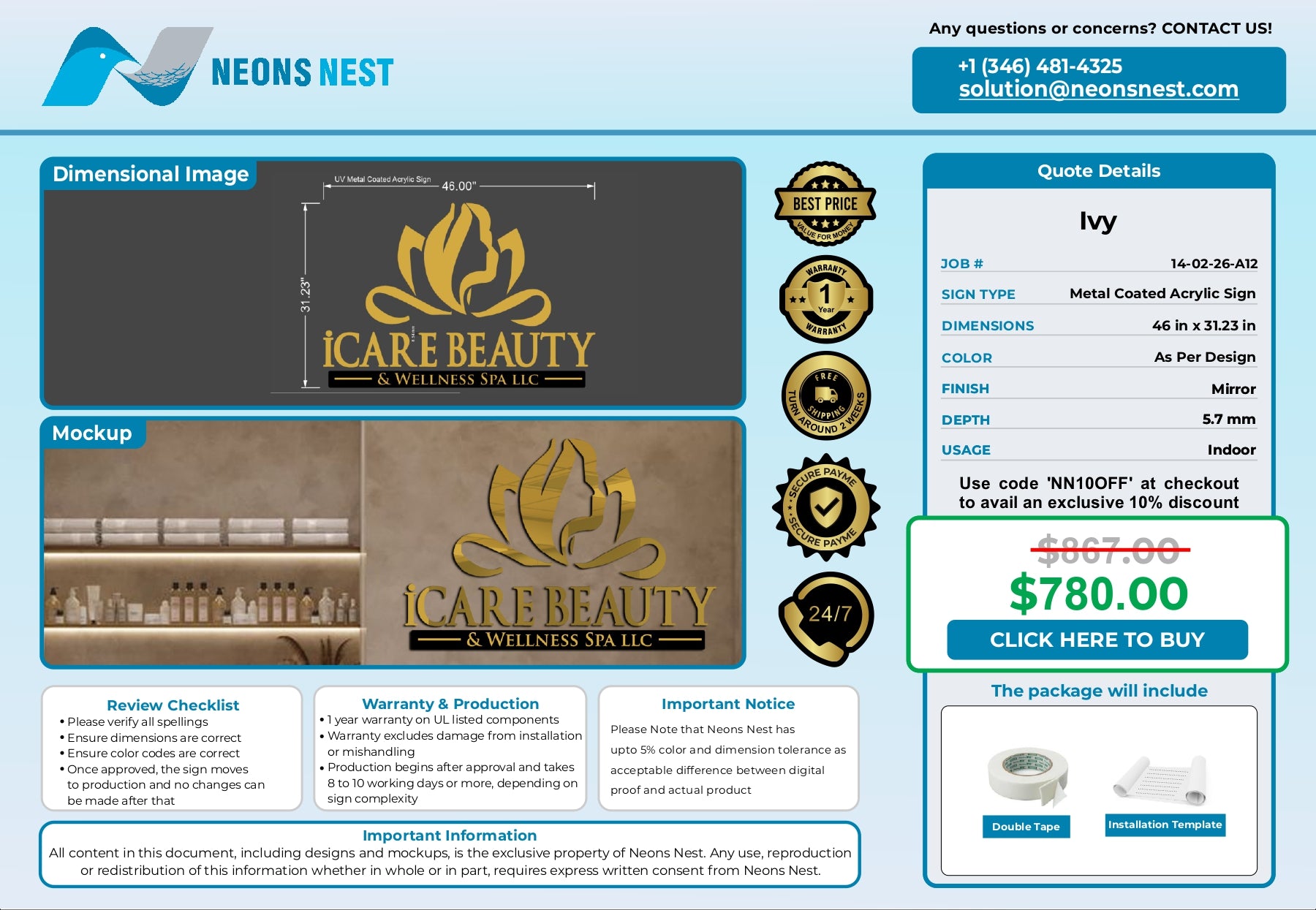 Metal Coated Acrylic Sign-I Care Beauty & Wellness Spa LLC - Neonsnest.com