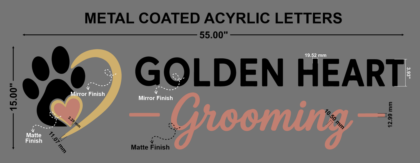 Golden Heart grooming (2D Acrylic letter sign, Vinyl Sign and Round Acrylic Sign)