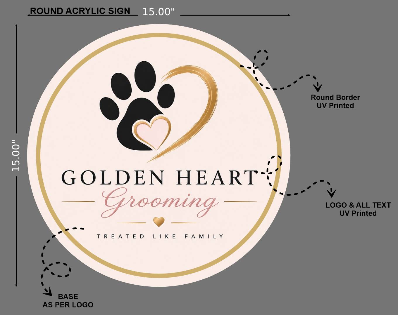 Golden Heart grooming (2D Acrylic letter sign, Vinyl Sign and Round Acrylic Sign)