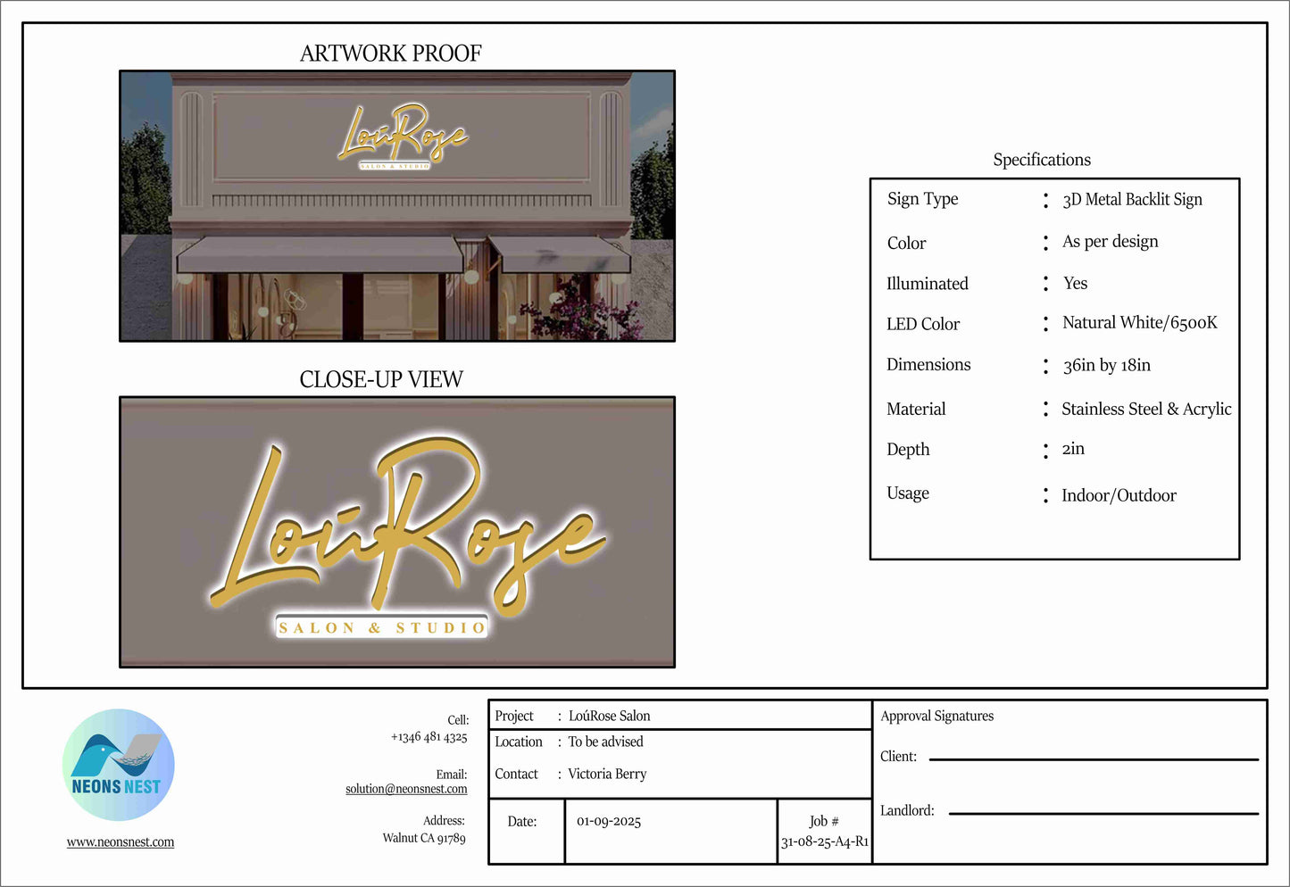 3D Metal Back-Lit Sign For LoúRose Salon