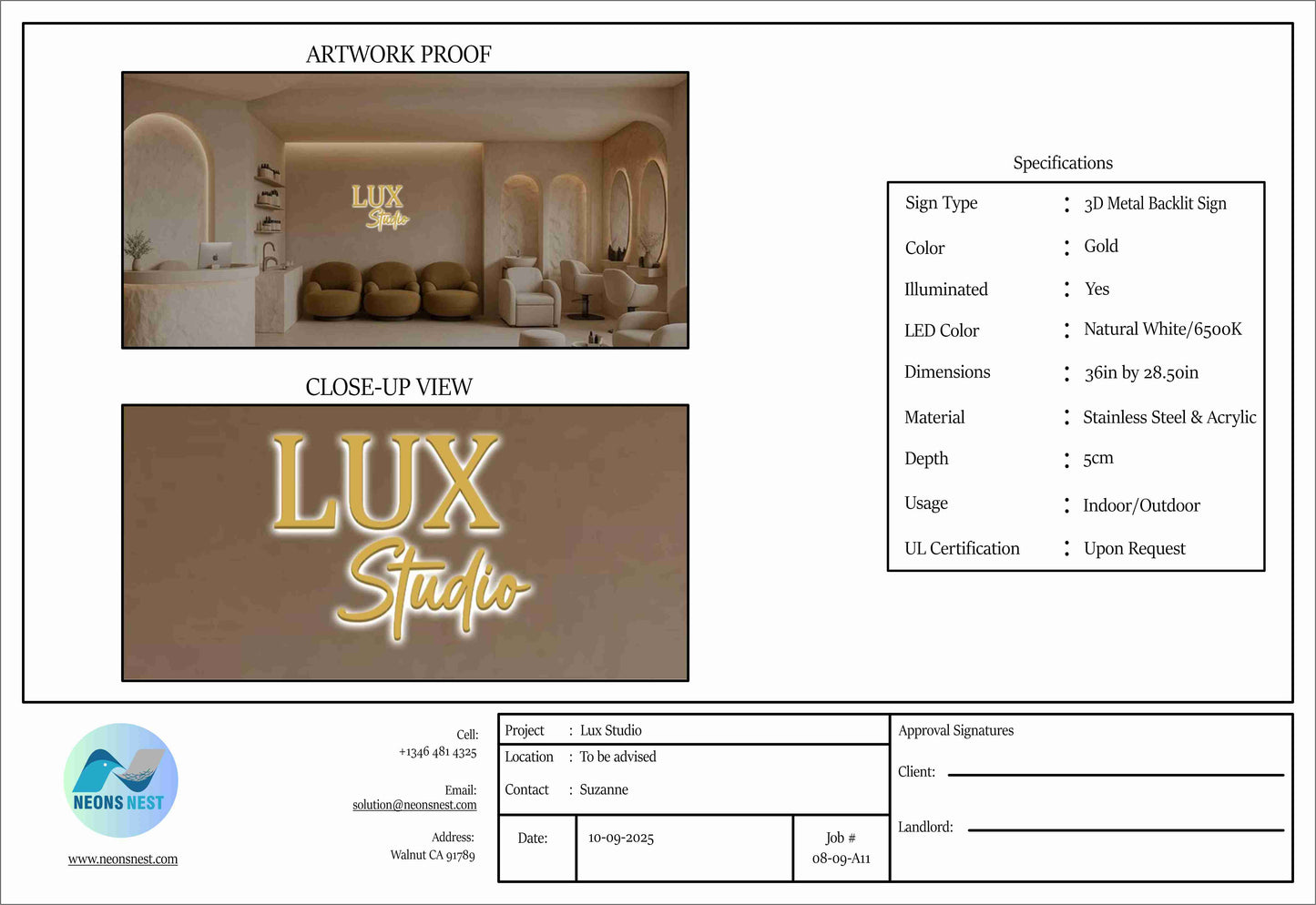 Lux Studio 3D Metal Backlit Sign