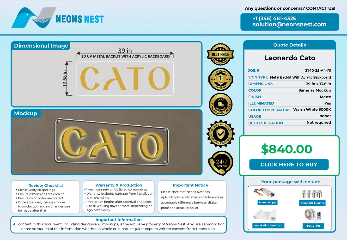 CATO Metal Backlit Sign With Transparent Backboard - Neonsnest.com