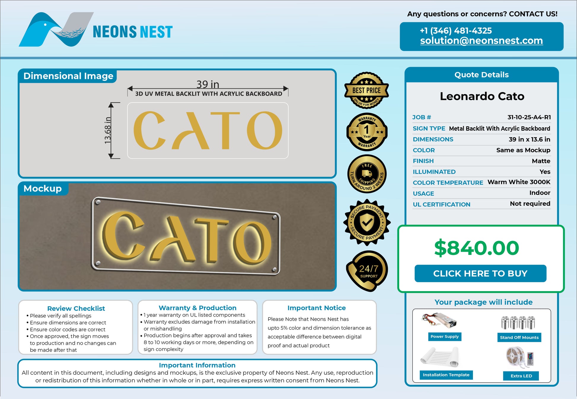 CATO Metal Backlit Sign With Transparent Backboard - Neonsnest.com
