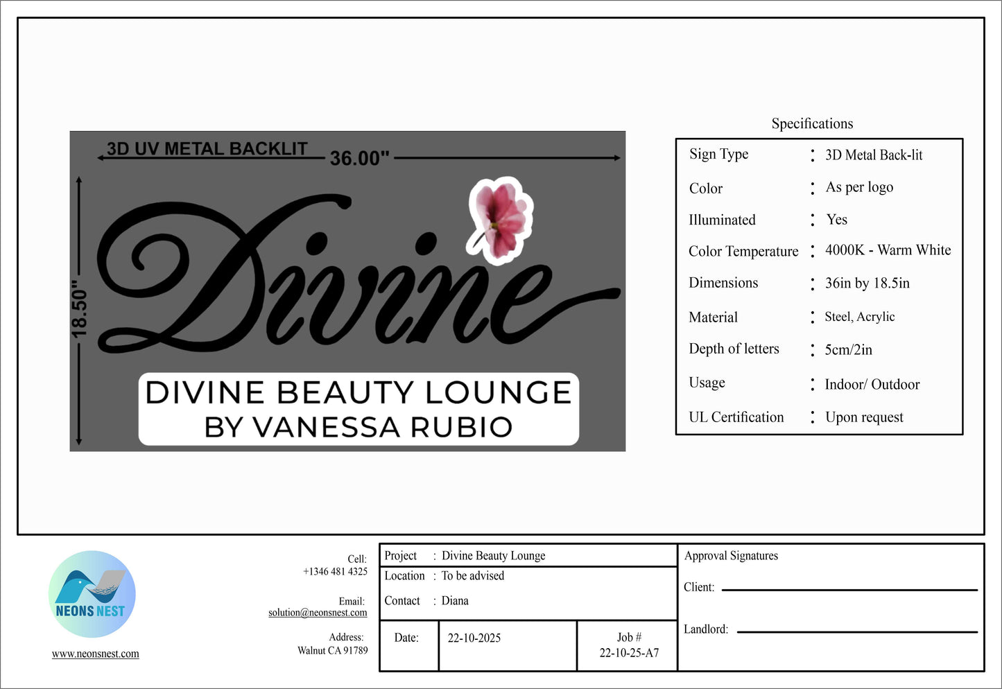 Divine Beauty Lounge 3D Metal Backlit Sign